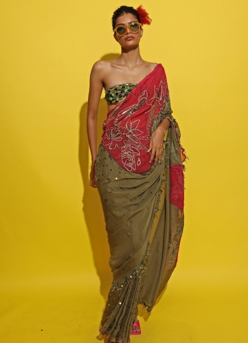 Crimson Red And Green Crepe Saree