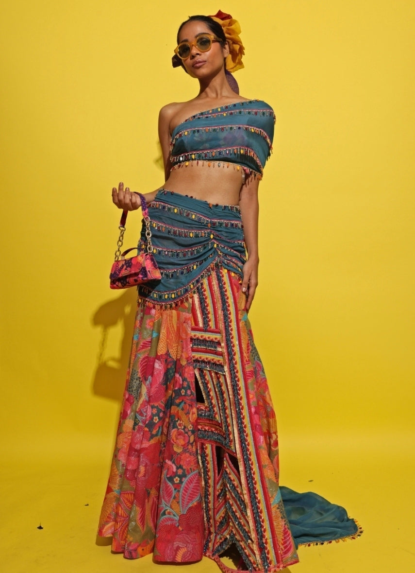 Blue And Multicolor Printed Crepe Lehenga Set