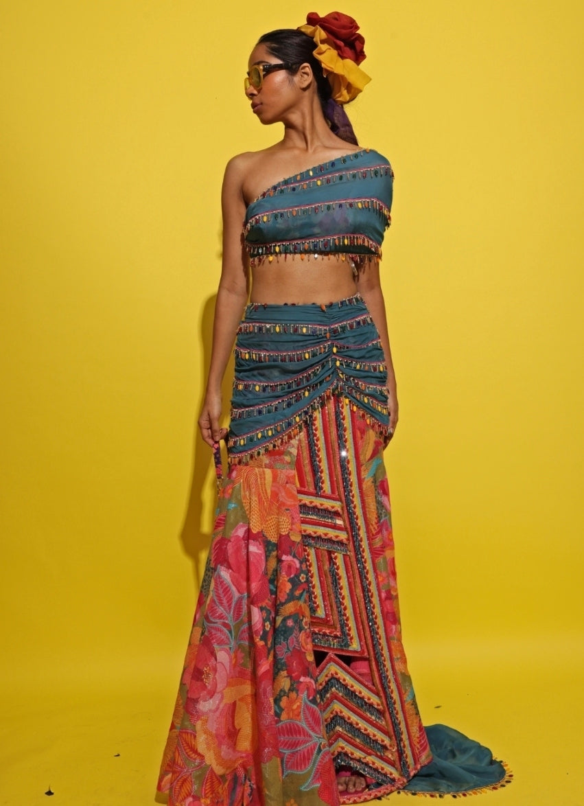 Blue And Multicolor Printed Crepe Lehenga Set