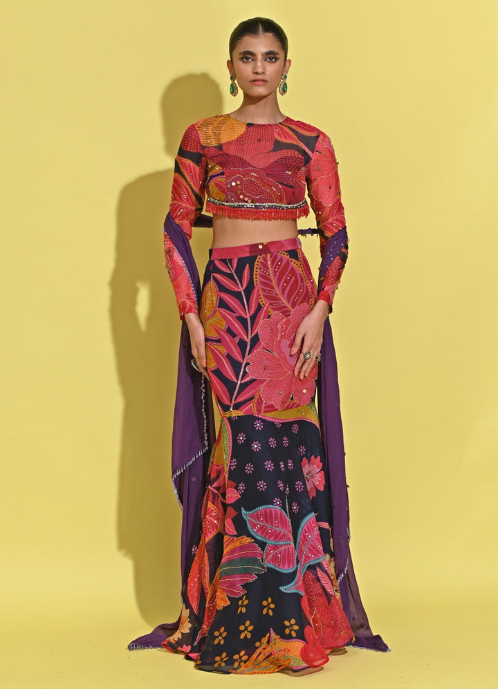 Purple Printed Crepe Pencil Skirt Set