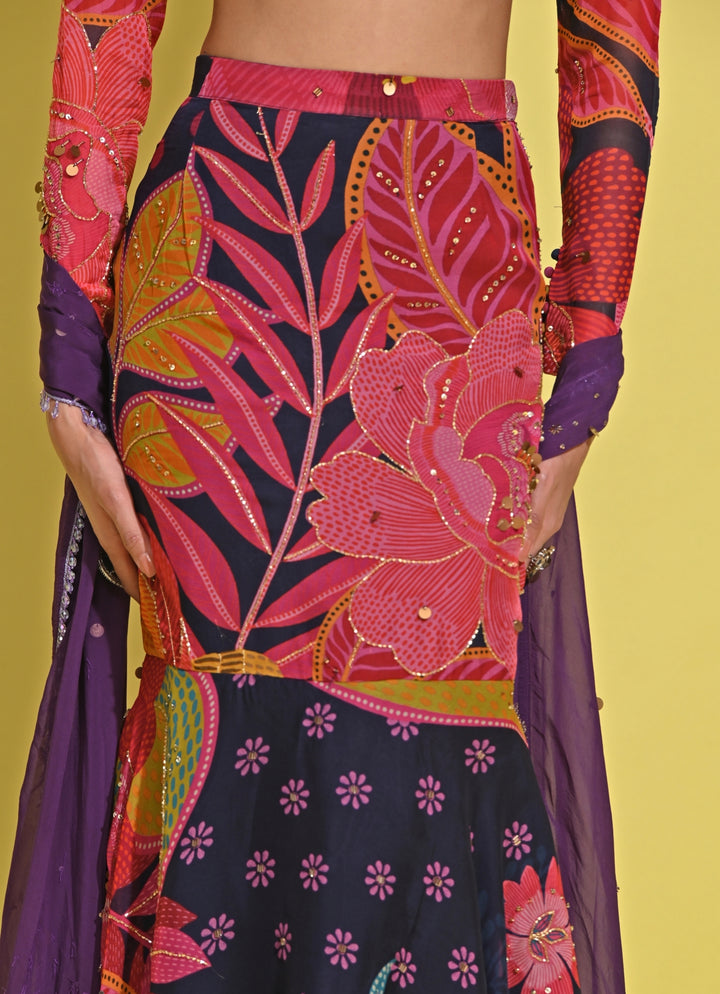 Purple Printed Crepe Pencil Skirt Set