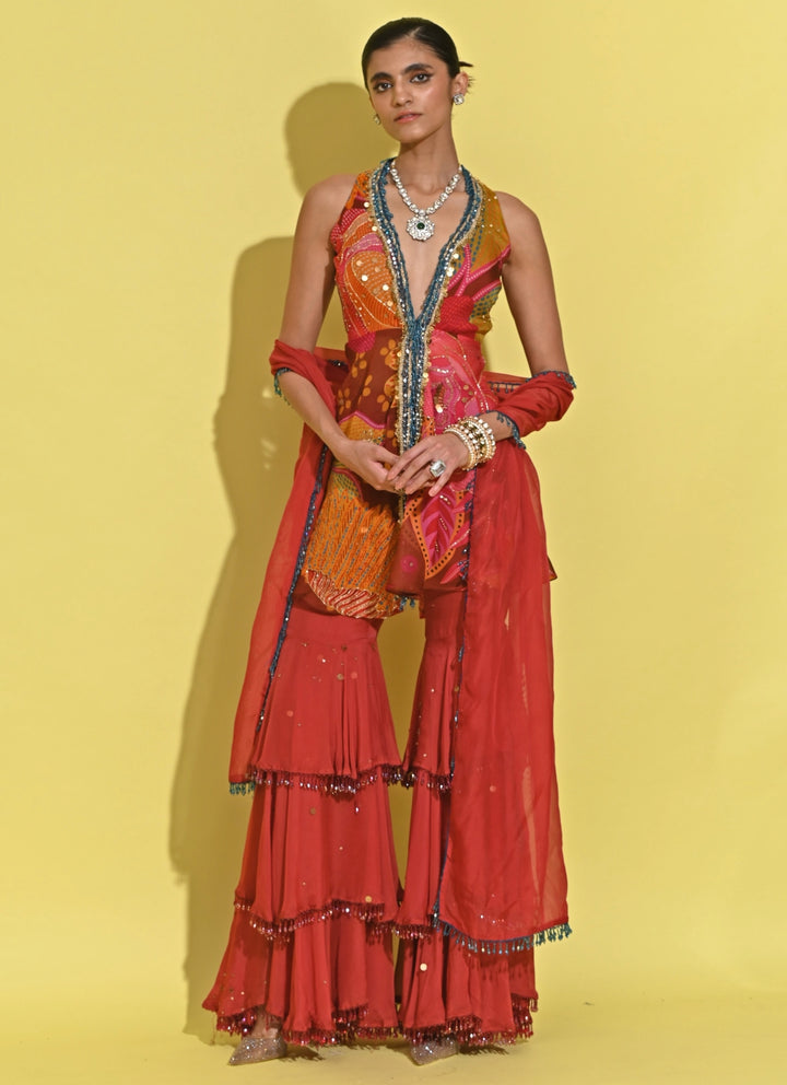 Crimson Red Crepe Gharara Set