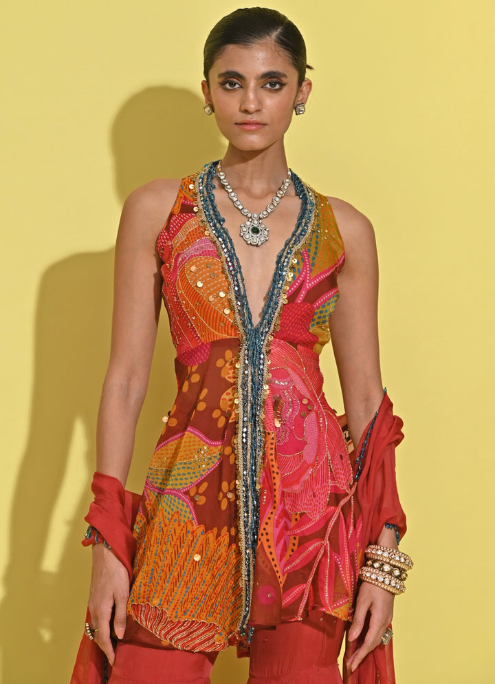 Crimson Red Crepe Gharara Set