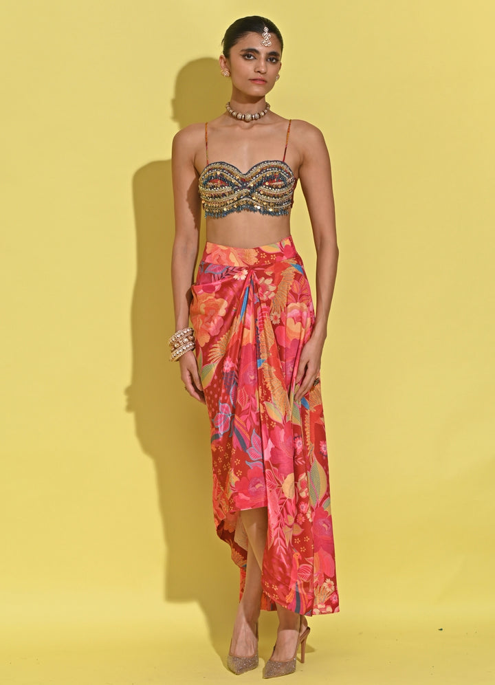 Crimson Red Printed Crepe Drape Skirt Set With Cape