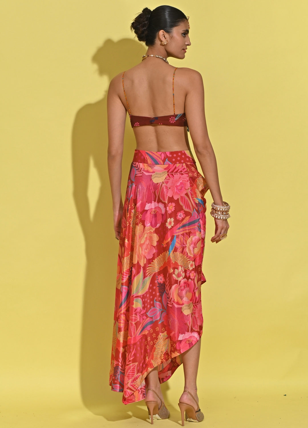 Crimson Red Printed Crepe Drape Skirt Set With Cape