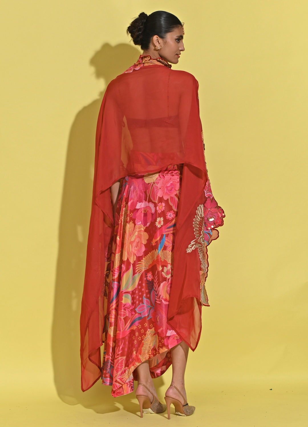 Crimson Red Printed Crepe Drape Skirt Set With Cape