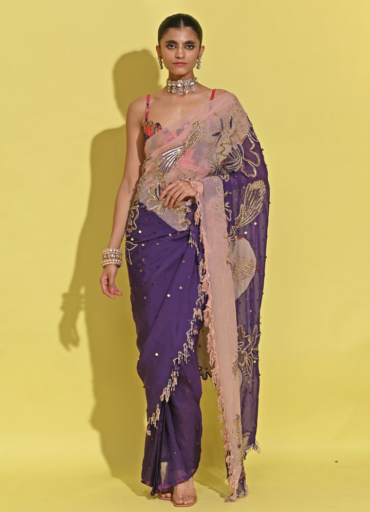 Blush Pink And Purple Organza Saree