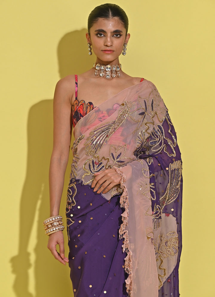 Blush Pink And Purple Organza Saree
