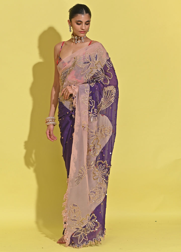 Blush Pink And Purple Organza Saree