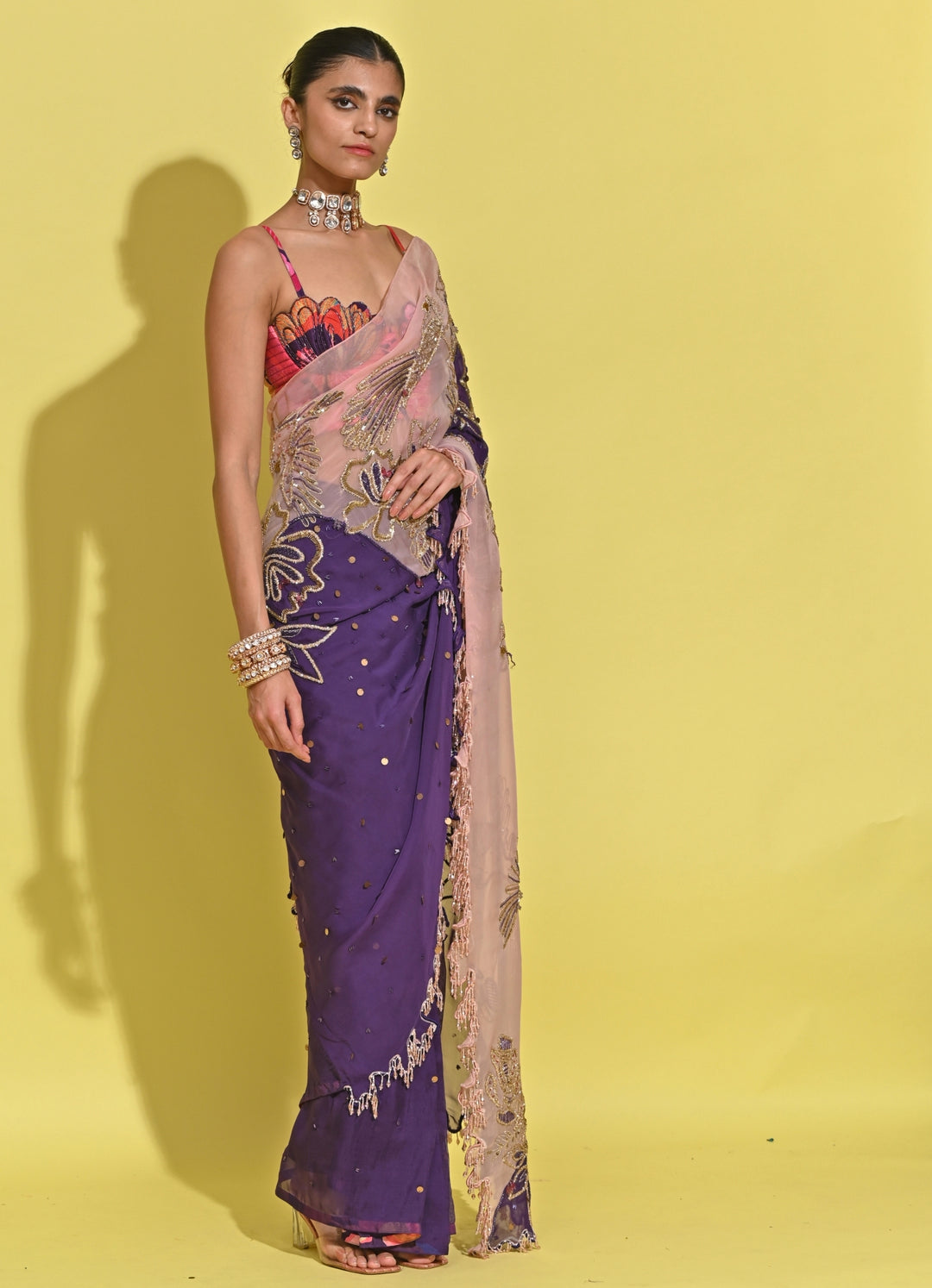 Blush Pink And Purple Organza Saree