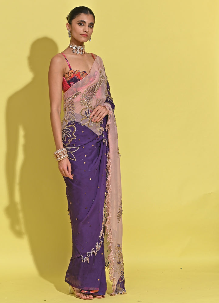 Blush Pink And Purple Organza Saree