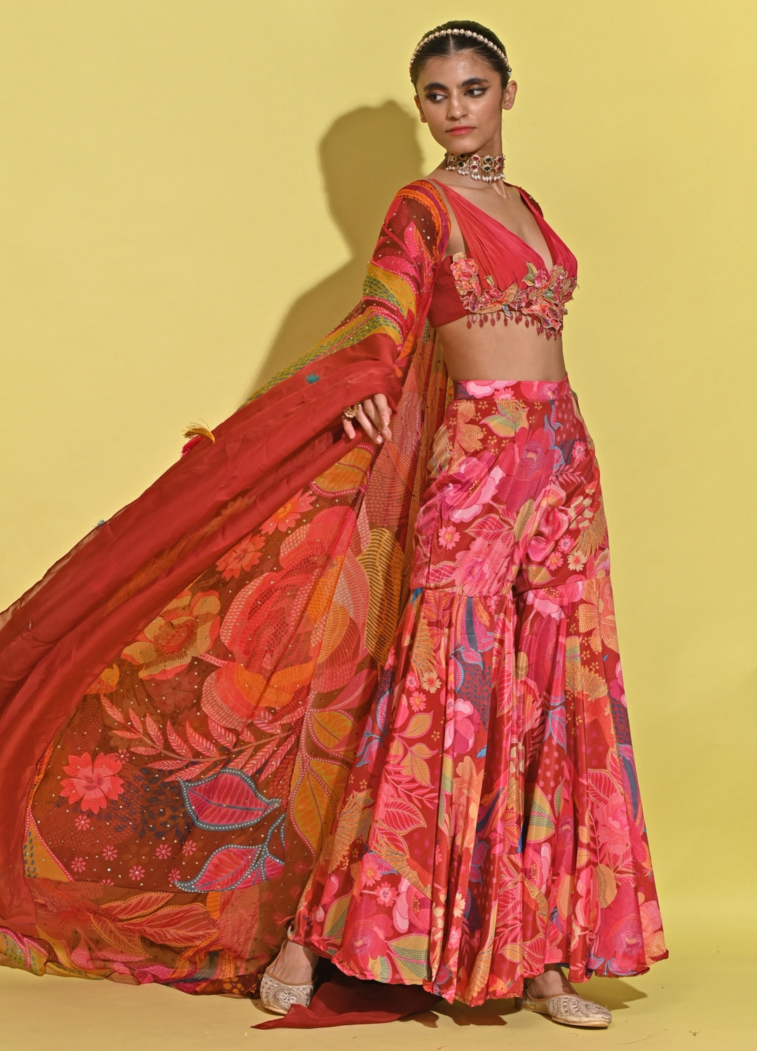 Crimson Red Printed Organza Lehenga Set