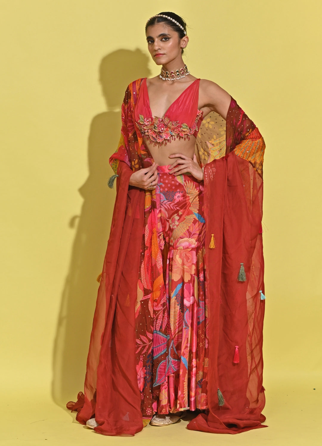 Crimson Red Printed Organza Lehenga Set