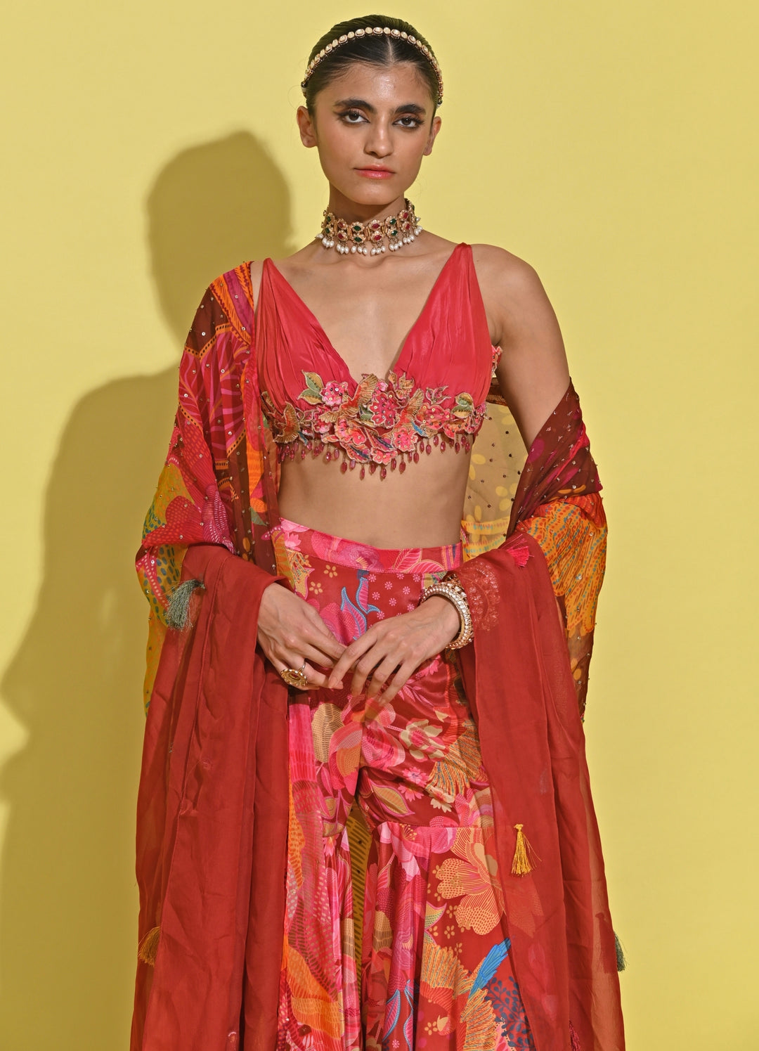 Crimson Red Printed Organza Lehenga Set