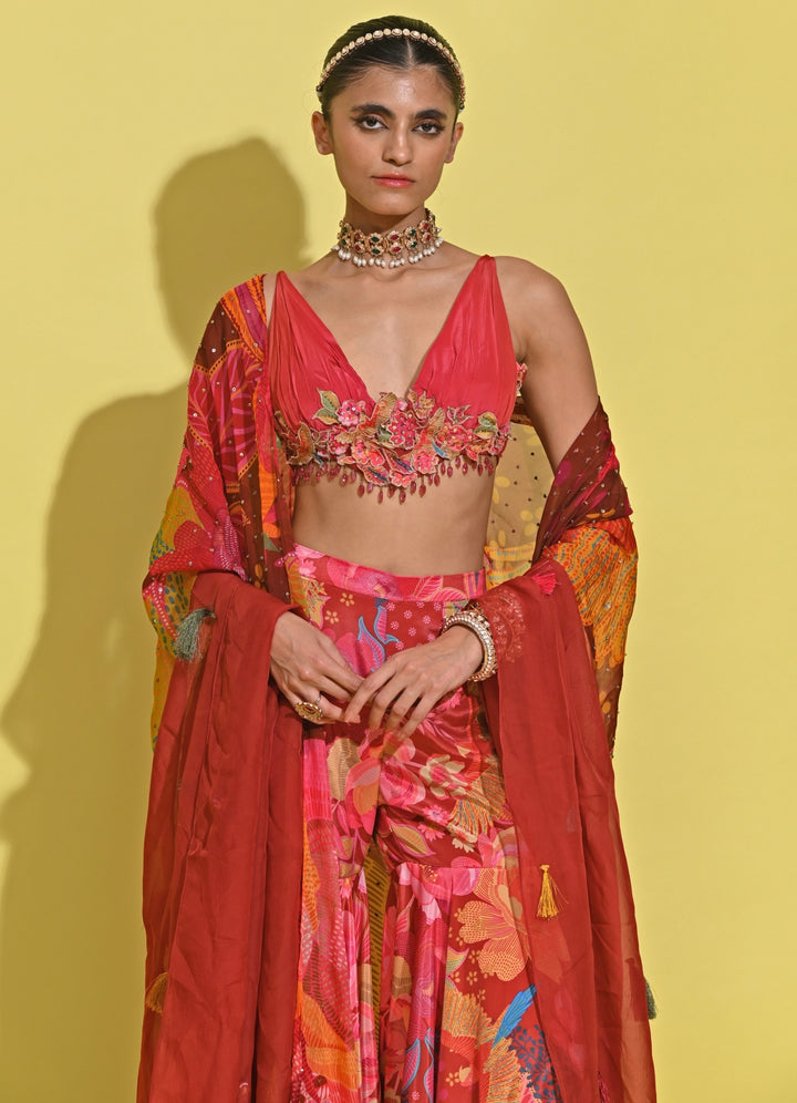 Crimson Red Printed Organza Lehenga Set