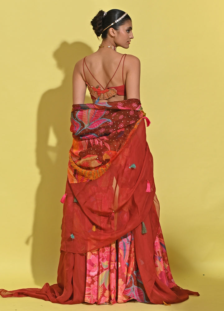 Crimson Red Printed Organza Lehenga Set
