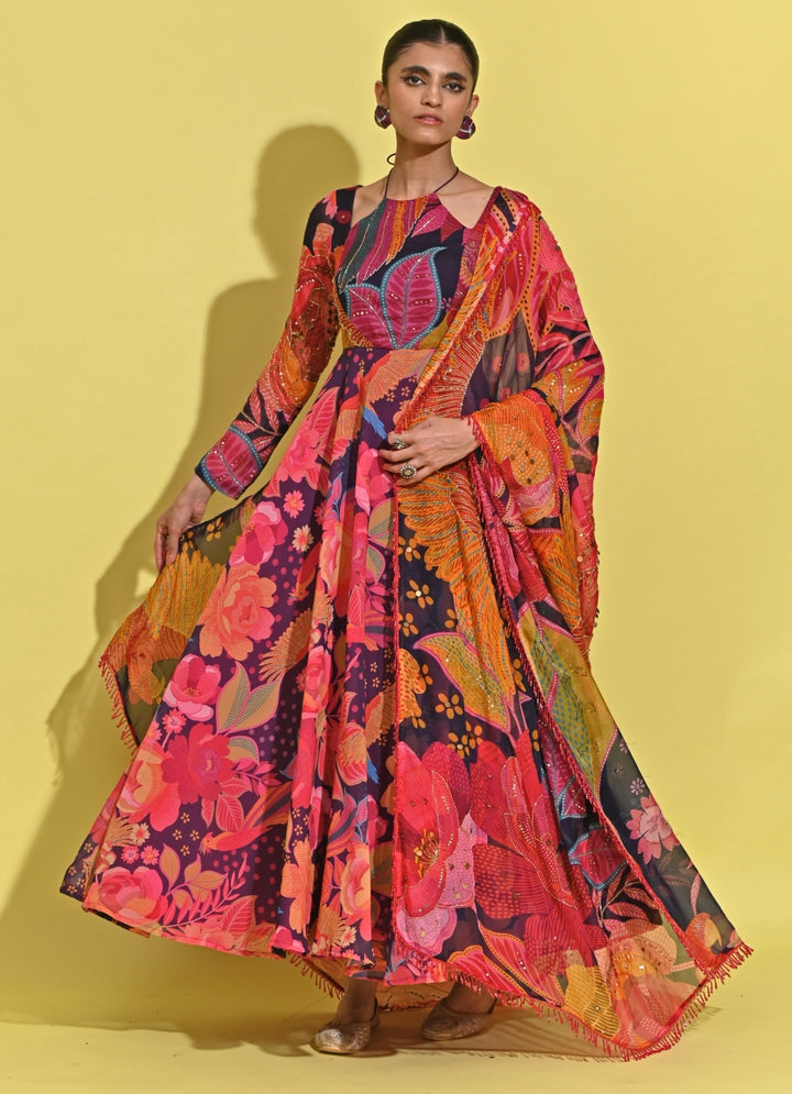 Purple Printed Crepe Anarkali Set