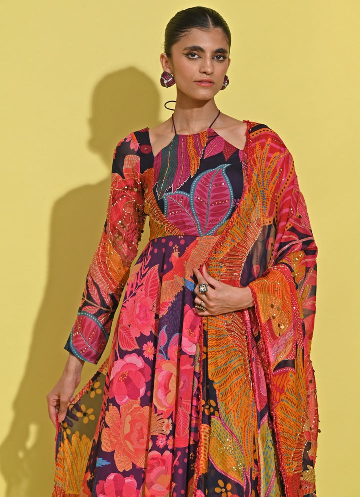 Purple Printed Crepe Anarkali Set