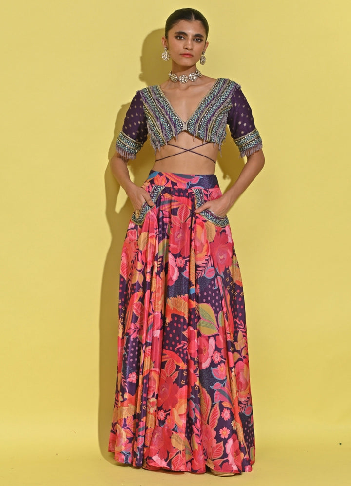 Purple Printed Crepe Lehenga Set