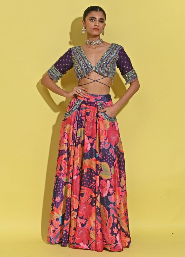 Purple Printed Crepe Lehenga Set
