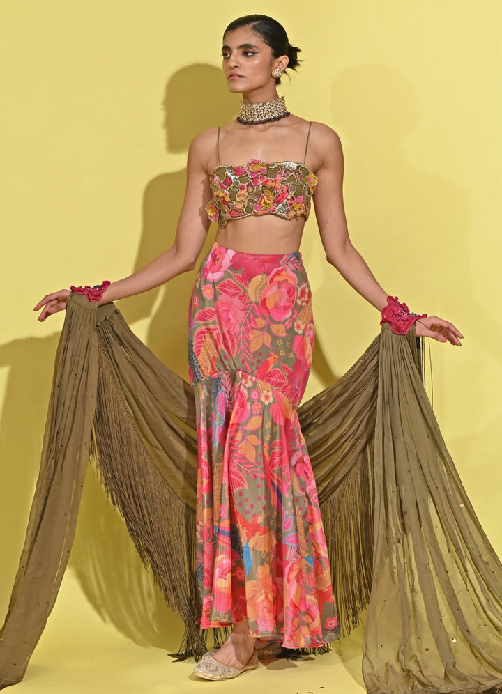 Green And Pink Printed Crepe Pencil Skirt Set