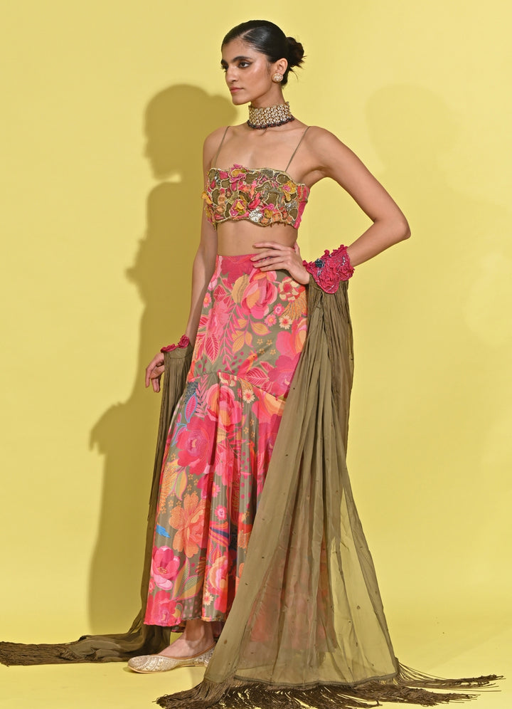Green And Pink Printed Crepe Pencil Skirt Set