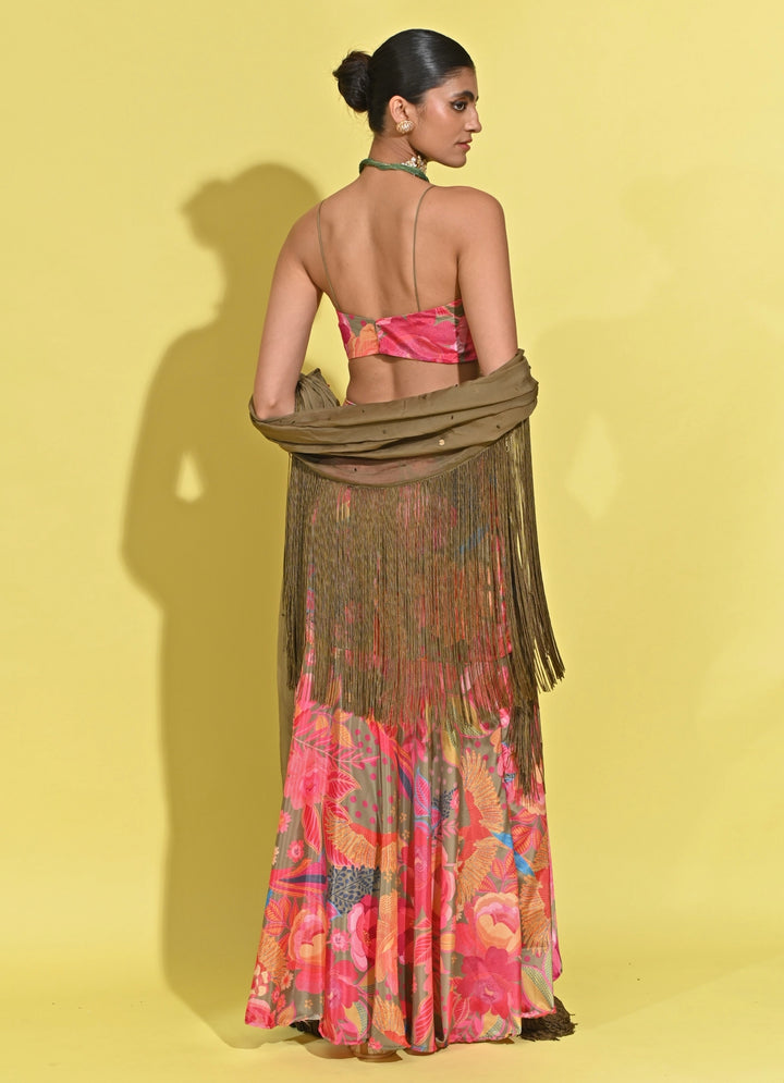 Green And Pink Printed Crepe Pencil Skirt Set