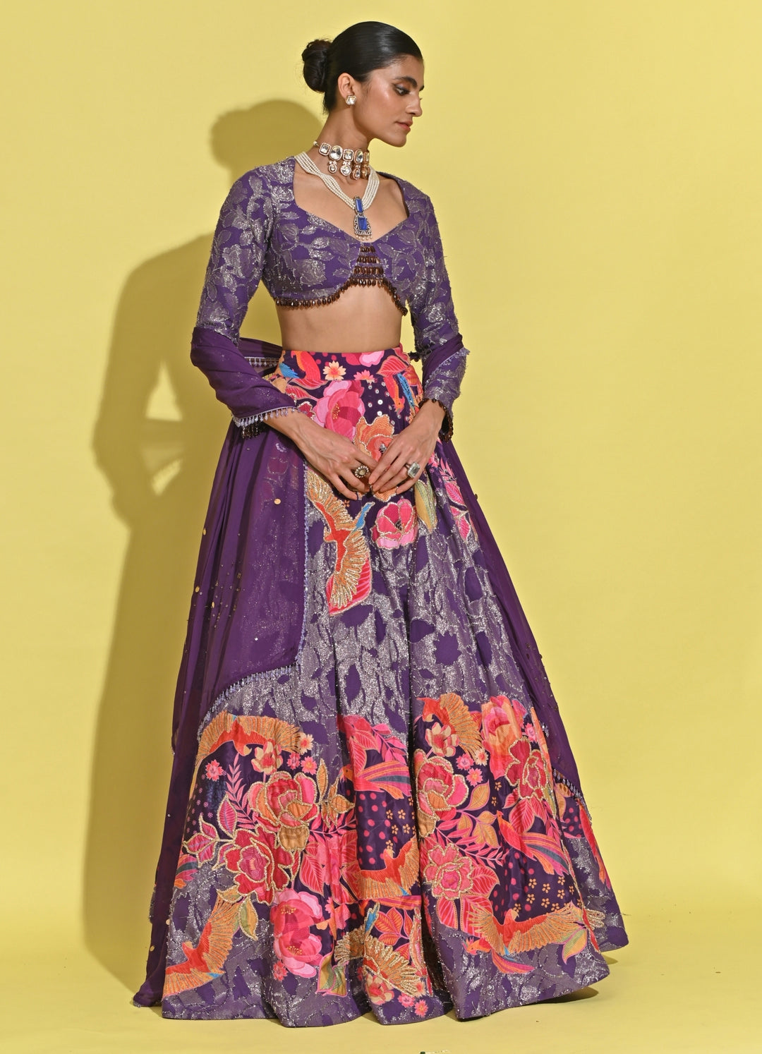 Purple Printed Georgette Lehenga Set