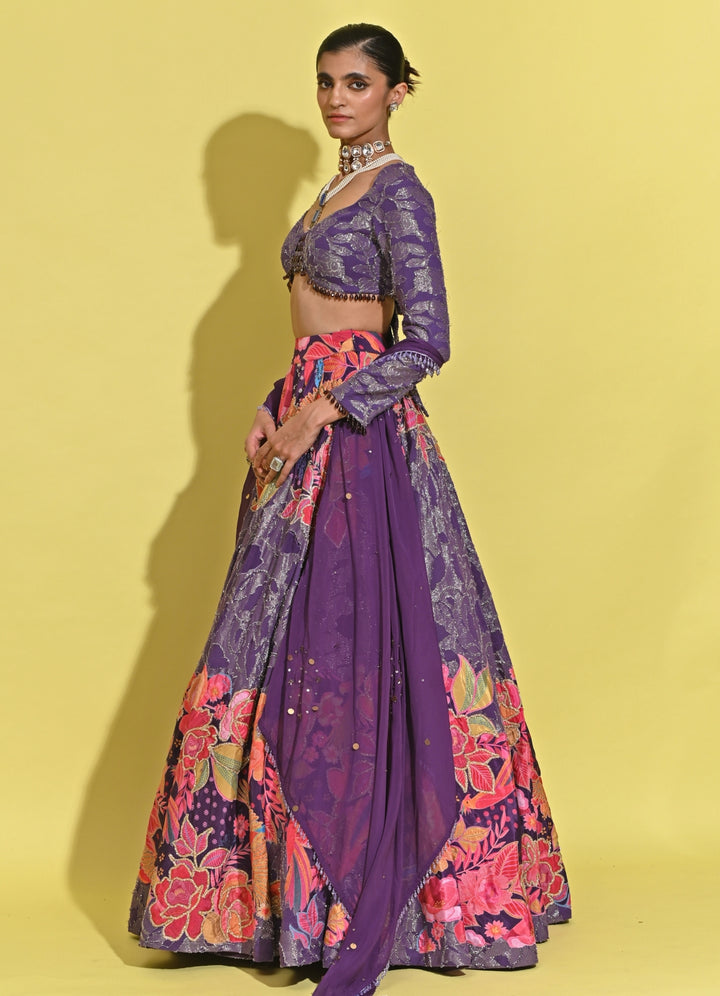 Purple Printed Georgette Lehenga Set