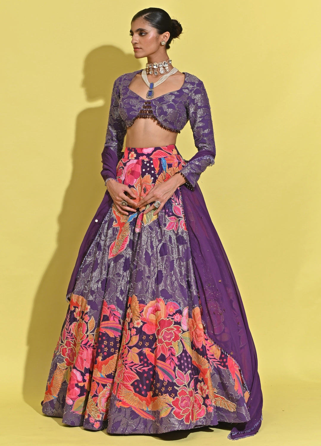 Purple Printed Georgette Lehenga Set