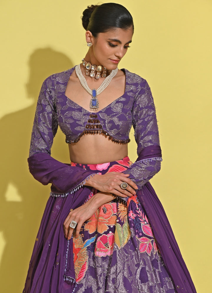 Purple Printed Georgette Lehenga Set