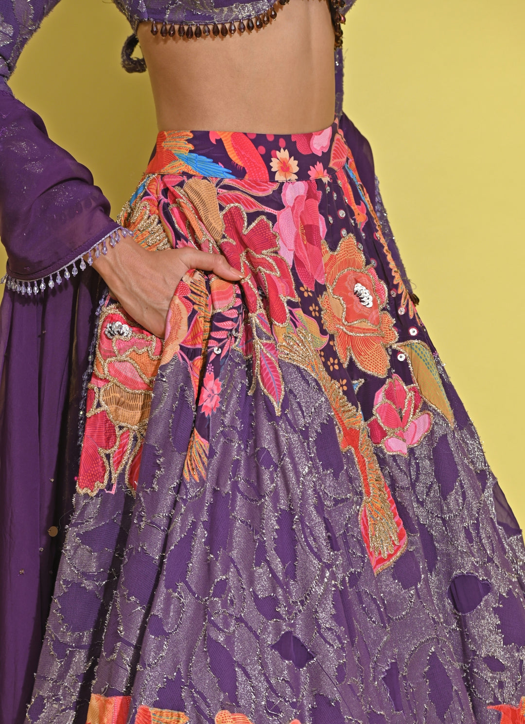 Purple Printed Georgette Lehenga Set