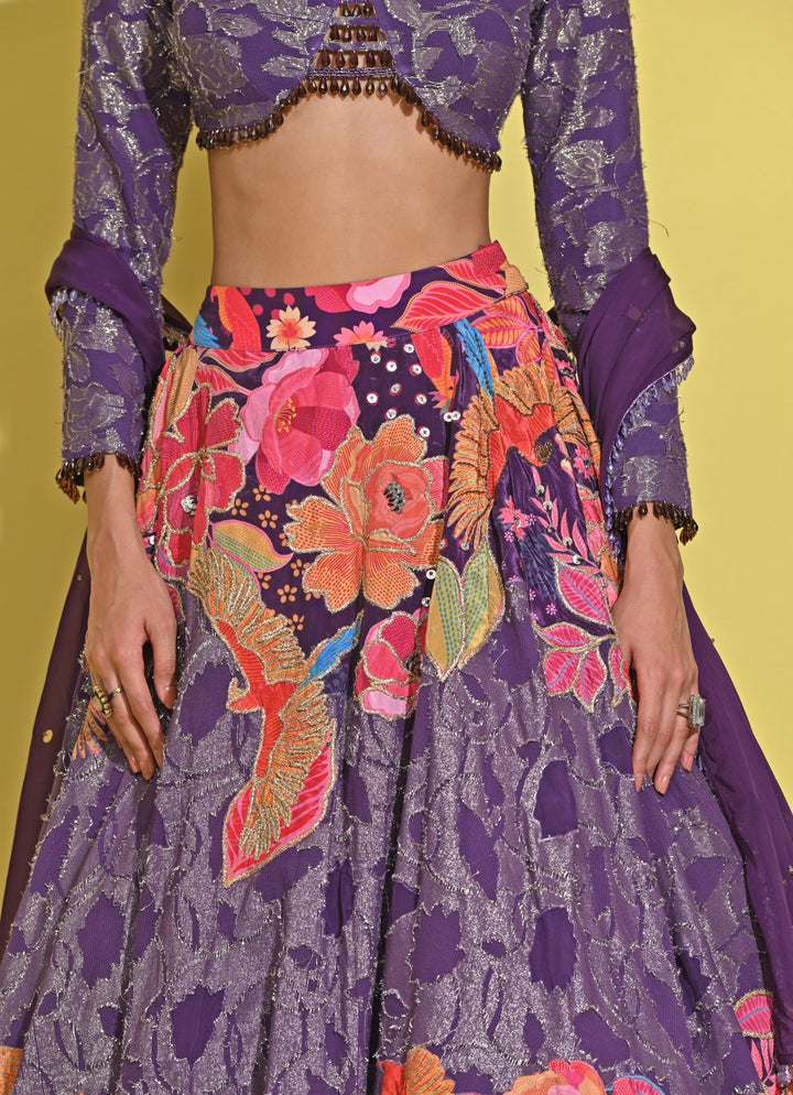 Purple Printed Georgette Lehenga Set