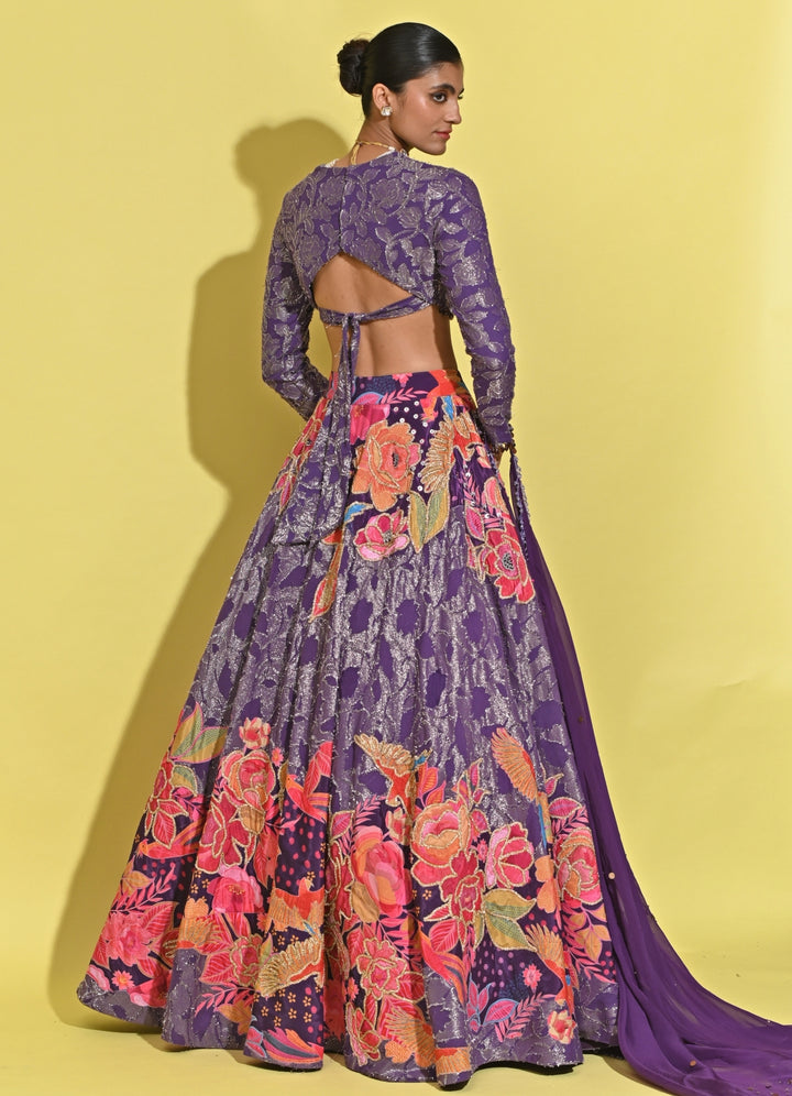 Purple Printed Georgette Lehenga Set