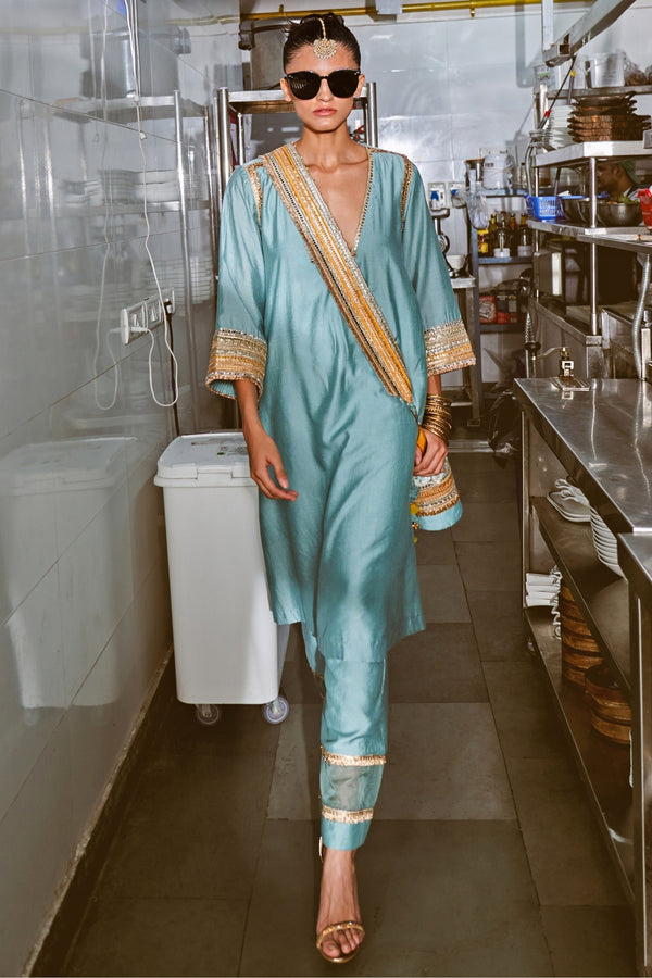 Powder blue chanderi kurta and pants set by Rishi and Vibhuti