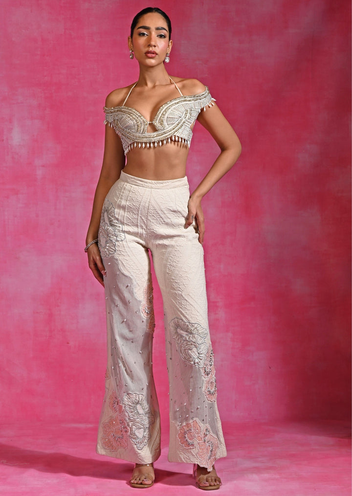 Ivory Muslin Cotton Crop Top With Pants