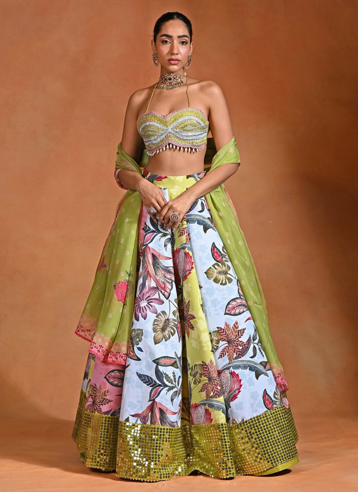 Green And Powder Blue Crepe Lehenga Set