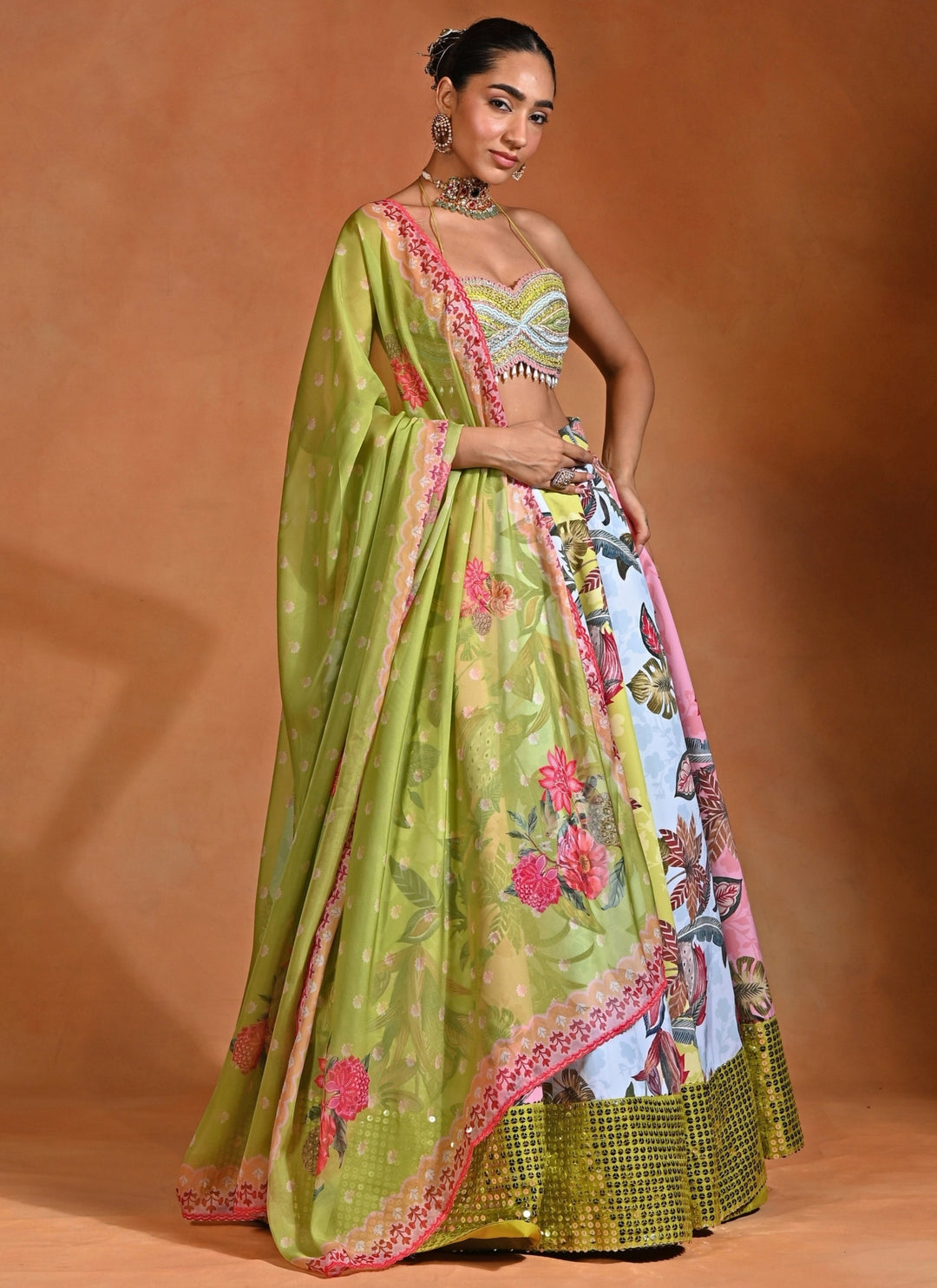 Green And Powder Blue Crepe Lehenga Set