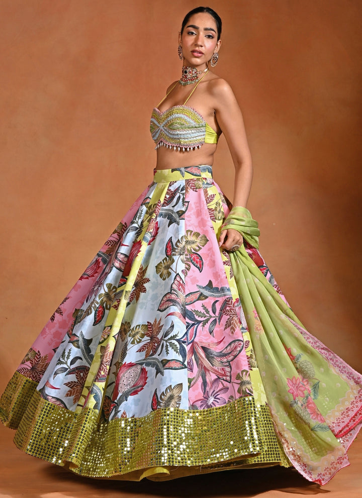 Green And Powder Blue Crepe Lehenga Set