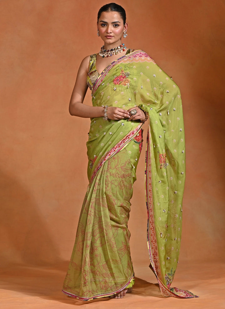 Green Organza Floral Saree