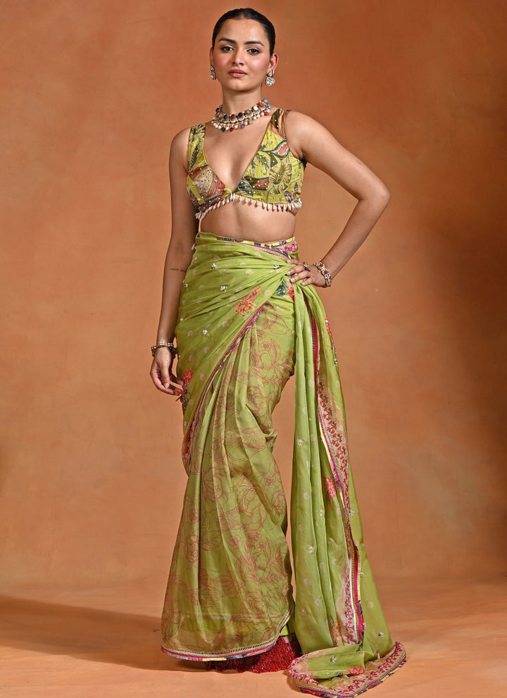 Green Organza Floral Saree