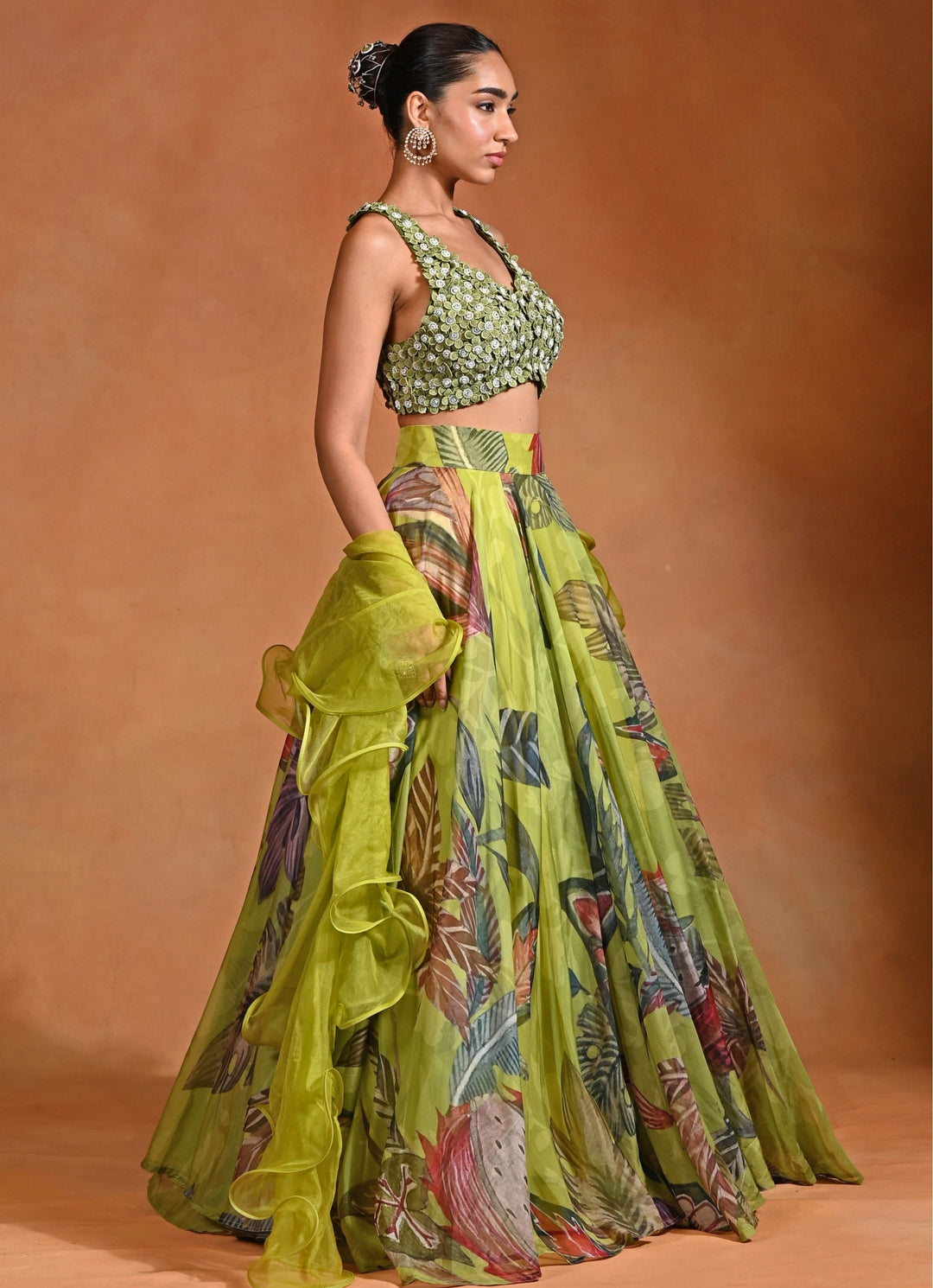 Green Floral Organza Lehenga Set With Ruffle Dupatta