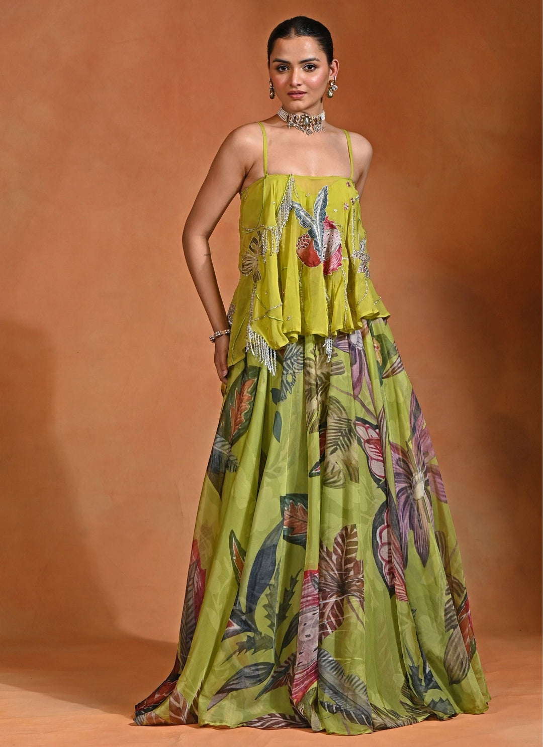 Green Floral Organza Lehenga Set With Top