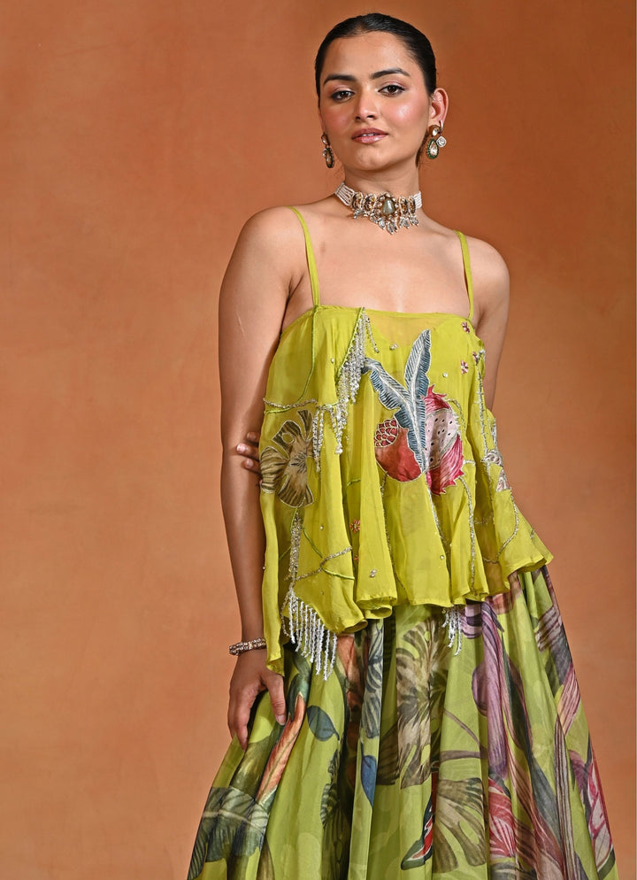 Green Floral Organza Lehenga Set With Top