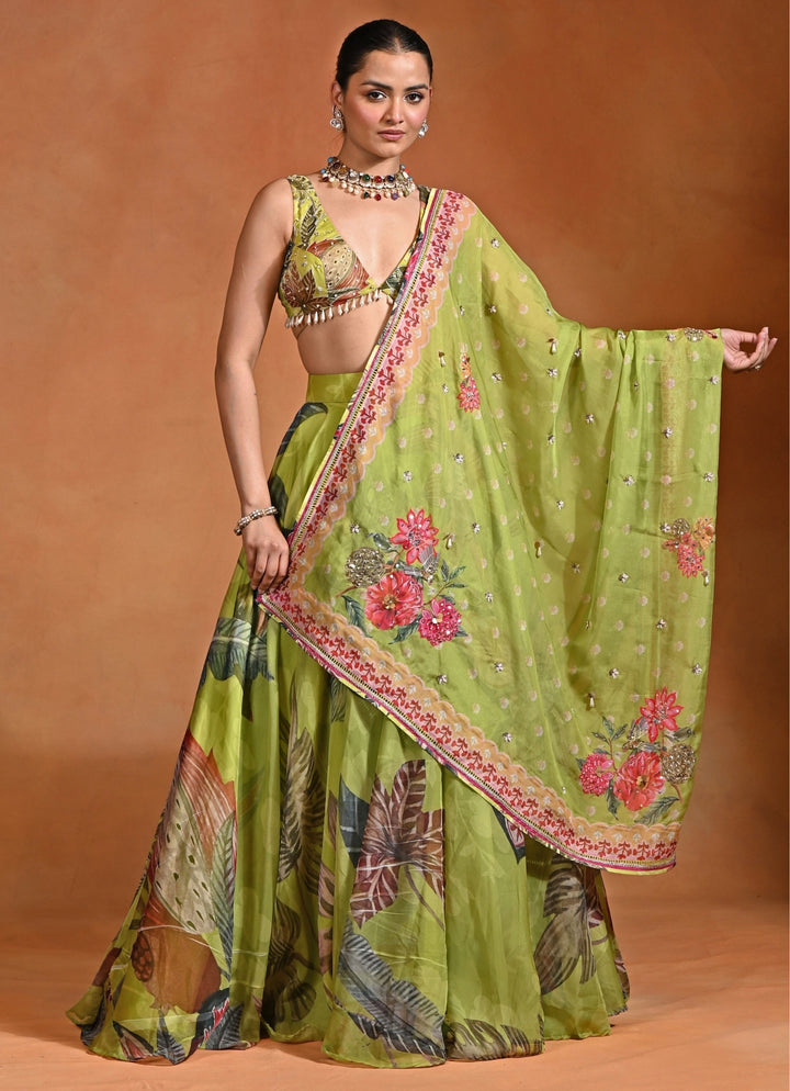 Green Floral Organza Lehenga Set