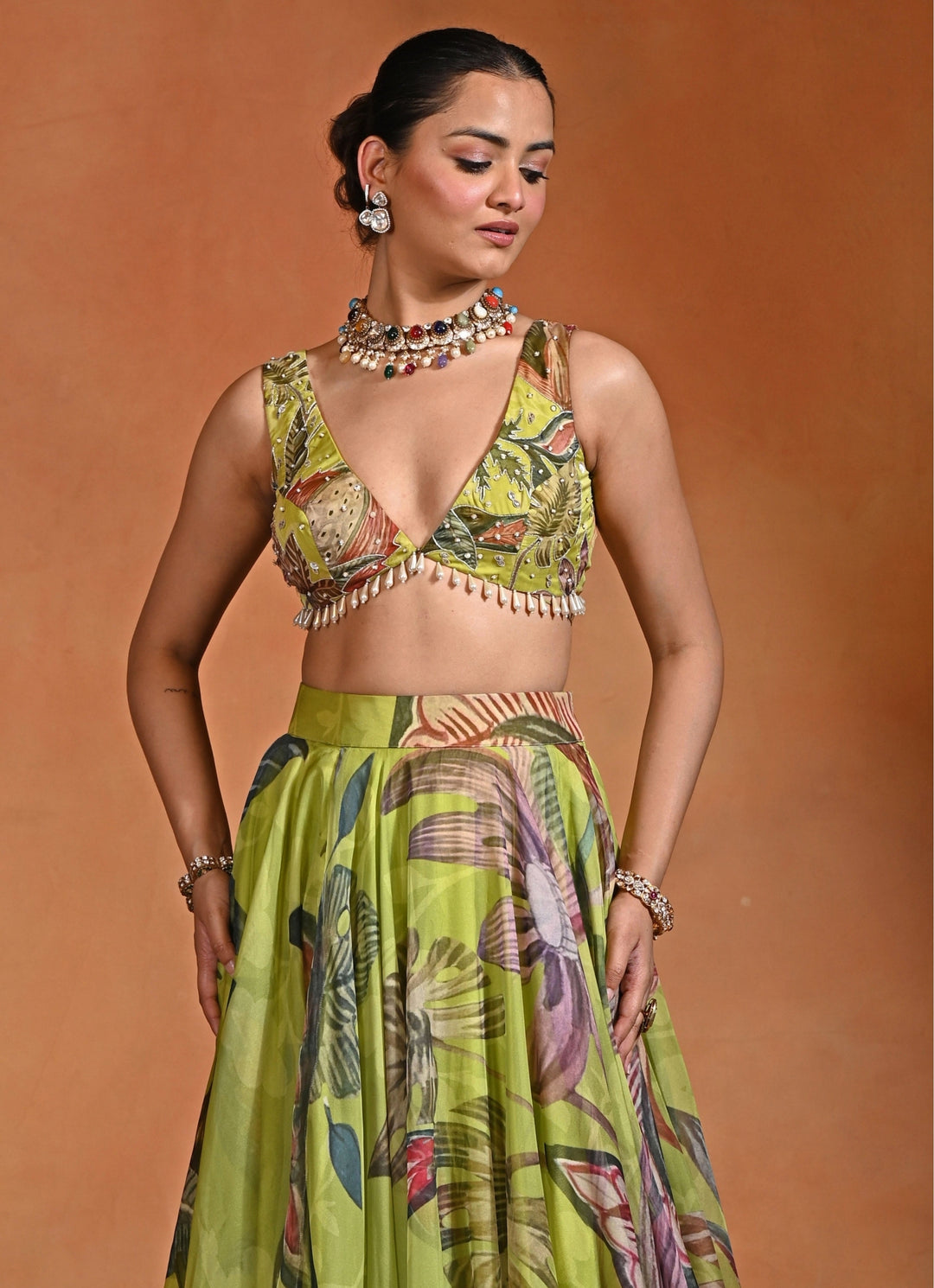 Green Floral Organza Lehenga Set