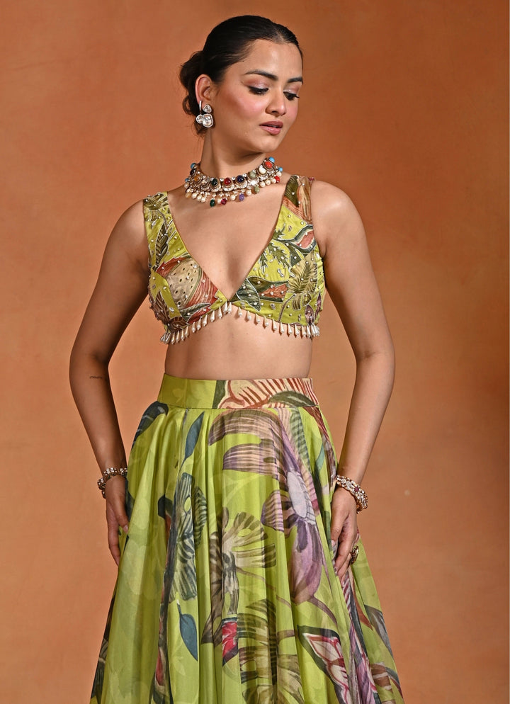 Green Floral Organza Lehenga Set
