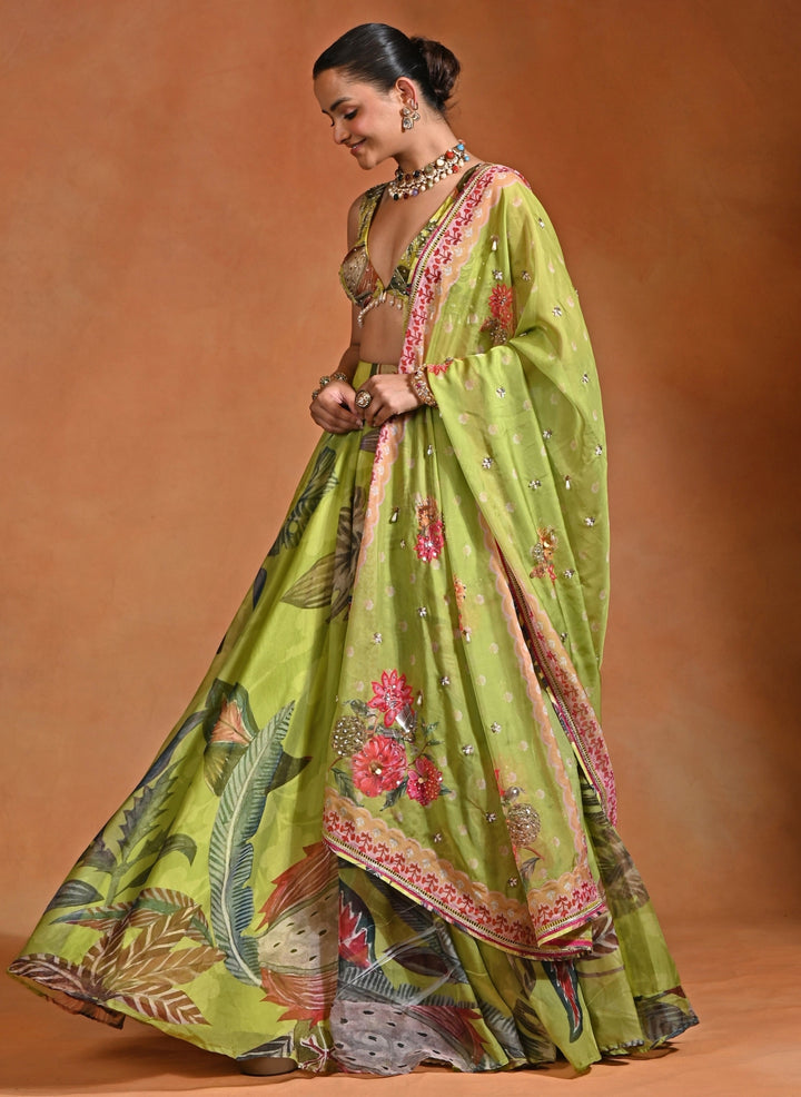 Green Floral Organza Lehenga Set