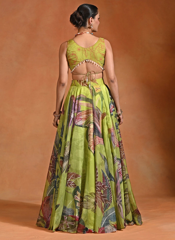 Green Floral Organza Lehenga Set