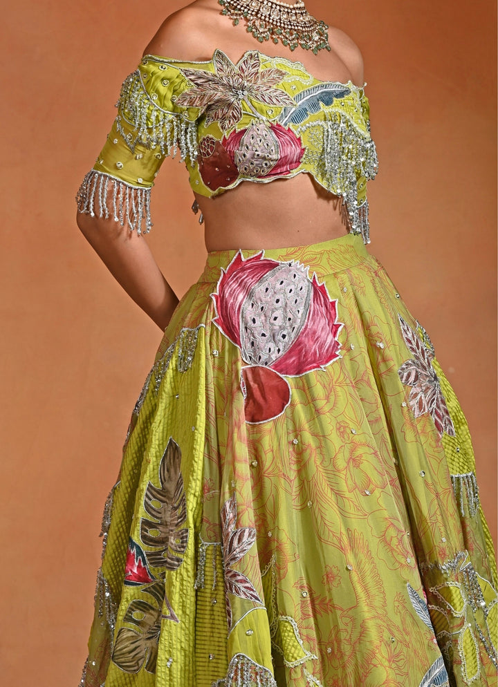 Green Organza Lehenga Set With Off Shoulder Blouse